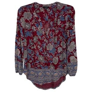 Lucky Brand XS Red Floral Paisley Henley Blouse Long Sleeve Pullover Boho Top
